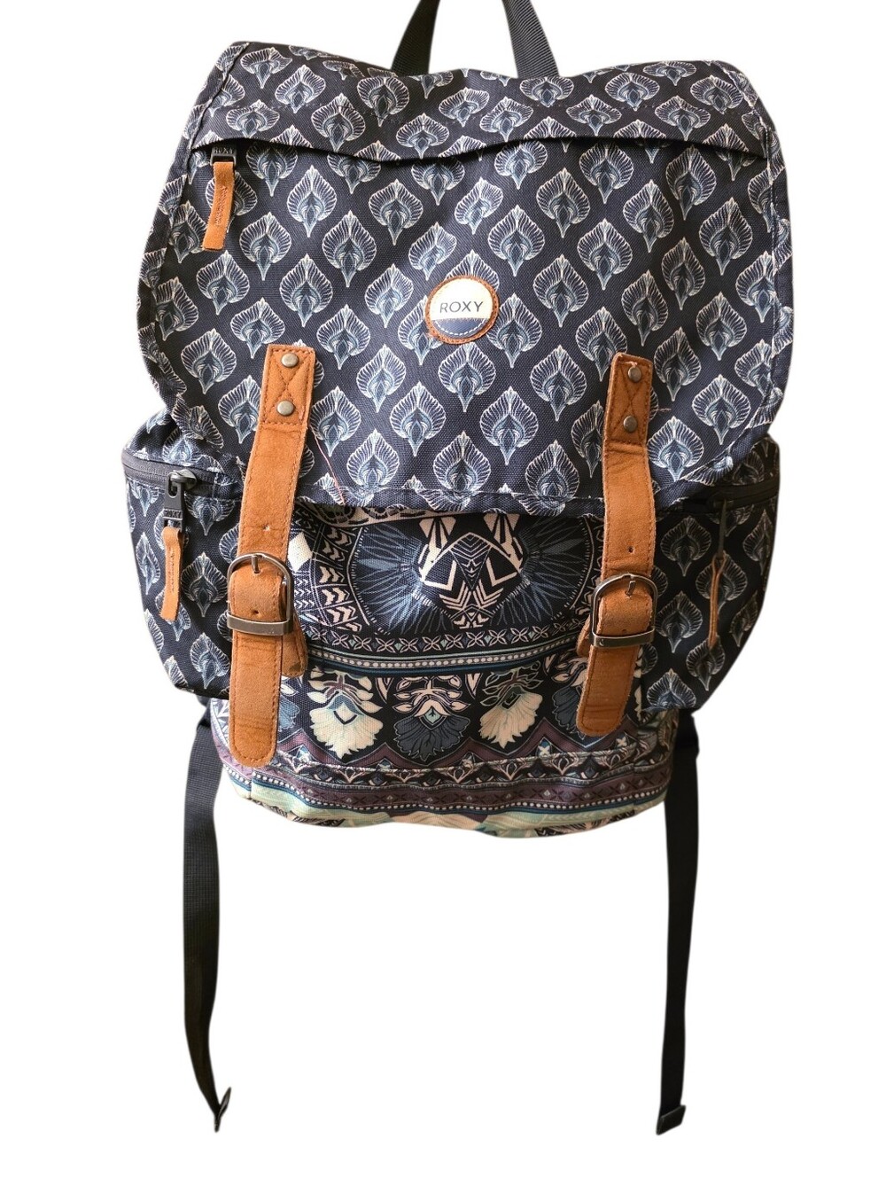 Roxy Navy Multi/Tan Patterned Canvas Drawstring Full-Sized Backpack Euc